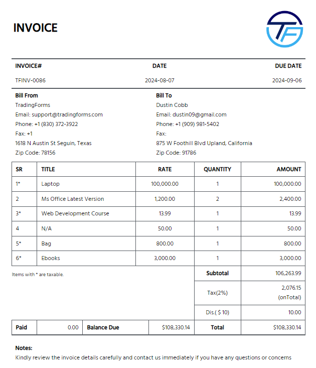 Purchase Order Invoice